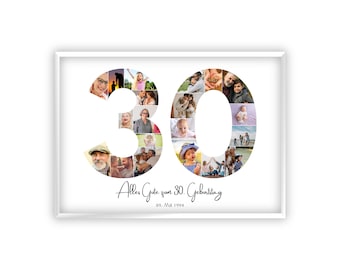 Op de afbeelding: Een witte ingelijste fotocollage voor een 30e verjaardag met het nummer 30 gemaakt van foto's. De tekst "Alles Gute zum 30. Geburtstag 09. Mai 1994" staat onder het nummer.