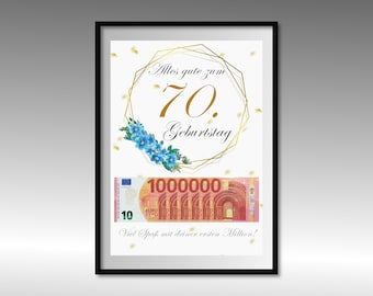 Geldgeschenk zum 70 Geburtstag | A4 | Geld kreativ verschenken | Deine erste Million | Last-Minute Geschenk zum Selbstdrucken | PDF