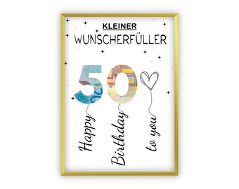 Birthday money gift | A4 | Wish fulfiller | Creative money gifts | 50th birthday | Last-minute gift to print yourself | PDF