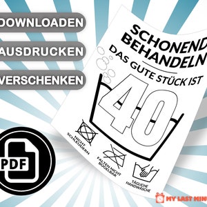 May include: A printable PDF file with a black and white illustration of a washing instruction label. The label says "Schonend Behandeln Das Gute St&uuml;ck Ist 40" and includes symbols for "Nicht Schleudern", "Falten Nicht B&uuml;gelbar", and "T&auml;gliche Handw&auml;sche".