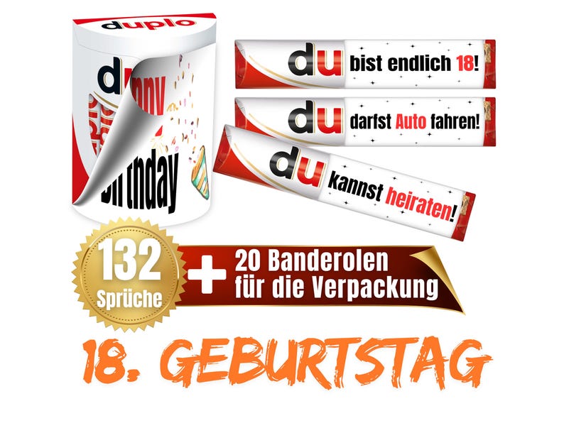 May include: A set of 20 red and white party favor rolls with the text "du" and various sayings in German. The rolls are packaged in a white cylinder with a red and white birthday design. The text "132 Spr&uuml;che" and "18. Geburtstag" are also visible.