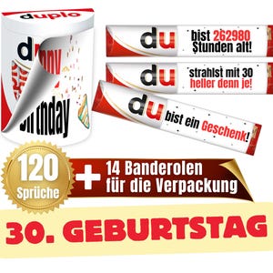 Könnte beinhalten: Ein Set mit 14 roten und weißen Süßigkeiten-Verpackungen mit dem Wort "du" und Geburtstagsgrüßen. Die Verpackungen sind für einen 30. Geburtstag. Es sind 120 Sprüche enthalten.
