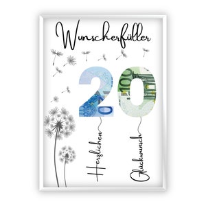 Presente em dinheiro para aniversário de 20 anos | A4 | Distribua dinheiro de forma criativa | realizador de desejos | Presente de última hora para imprimir você mesmo | PDF