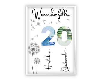 Cash gift for 20th birthday | A4 | Give money creatively | Wish fulfiller | Last-minute gift to print yourself | PDF