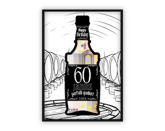 Prezent pieniężny na 60. urodziny | A4 | Rozdawaj pieniądze twórczo | doskonale postarzany | Whisky | Prezent last minute do samodzielnego wydrukowania | PDF