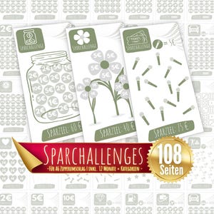 Könnte beinhalten: Ein Set mit 108 druckbaren Spar-Challenge-Seiten mit verschiedenen Themen, darunter ein Einmachglas mit Münzen, eine Blume und Mikrofone. Die Seiten sind so konzipiert, dass sie dir helfen, über 12 Monate hinweg Geld zu sparen. Der Titel des Sets lautet "Sparchallenges".