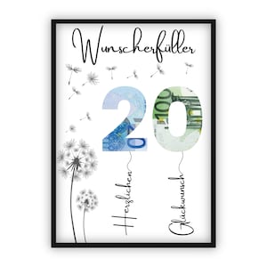 Presente em dinheiro para aniversário de 20 anos | A4 | Distribua dinheiro de forma criativa | realizador de desejos | Presente de última hora para imprimir você mesmo | PDF