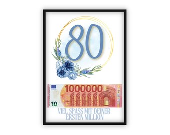 Geldcadeau verjaardag | A4 | Creatief geld weggeven | 80e verjaardag | Last minute cadeau om zelf te printen | Pdf