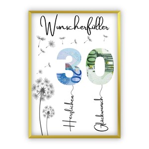 Cash gift for 30th birthday | A4 | Give money creatively | Wish fulfiller | Last-minute gift to print yourself | PDF
