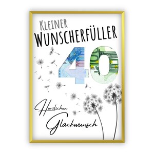 Money gift for 40th birthday | A4 | Wish fulfiller | Dandelion | Give money creatively | Last-minute gift to print yourself | PDF