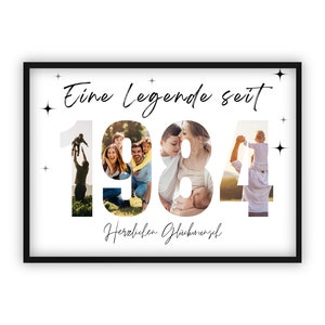 May include: Framed print with the text "Eine Legende seit 1984 Herzlichen Glückwunsch." The numbers of the year are filled with family photos. Black frame with star accents.