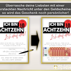 Puede incluir: Dos im&aacute;genes enmarcadas con un dise&ntilde;o en blanco y negro que dice "Ich bin 18 Achtzehn Ich darf das!" La imagen de la izquierda tiene una nota manuscrita que dice "Liebe Luisa, alles Gute zu deinem Geburtstag Chris & Loo" y la imagen de la derecha tiene un billete de 1.000.000 euros.