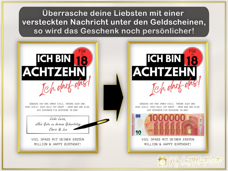 Puede incluir: Dos im&aacute;genes enmarcadas con un dise&ntilde;o en blanco y negro que dice "Ich bin 18 Achtzehn Ich darf das!" La imagen de la izquierda tiene una nota manuscrita que dice "Liebe Luisa, alles Gute zu deinem Geburtstag Chris & Loo" y la imagen de la derecha tiene un billete de 1.000.000 euros.