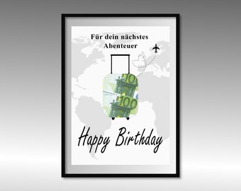 Geldgeschenk zum Geburtstag | A4 | Reise | Happy Birthday | 18. Geburtstag | Last-Minute Geschenk zum Selbstdrucken | PDF