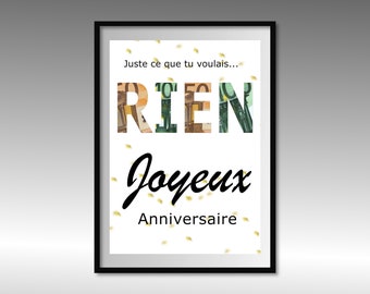 Cadeau anniversaire RIEN, cadeau drole | affiche surprise pour billets à offrir, marrant anniversaire | téléchargement immédiat | À IMPRIMER