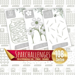 Könnte beinhalten: Ein Set mit 108 druckbaren Spar-Challenge-Seiten mit verschiedenen Sparzielen. Die Seiten zeigen verschiedene Designs, darunter Gläser, Blumen und Streichhölzer. Der Text auf den Seiten lautet "Sparchallenges" und "108 Seiten".