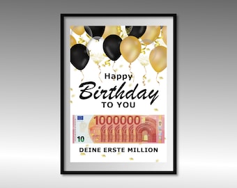 Geldcadeau voor een verjaardag | A4 | Creatief geld weggeven | Je eerste miljoen | Last minute cadeau om zelf te printen | Pdf