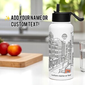 Personalized Water Bottle with Name – 950ml Stainless Steel Flask – Urban Sketch Design – Custom Gift for Him or Her