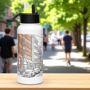 Urban Style Custom Water Bottle – 950ml Stainless Steel Flask with Straw | Personalized City Vibes Thermos for Teens & Creatives