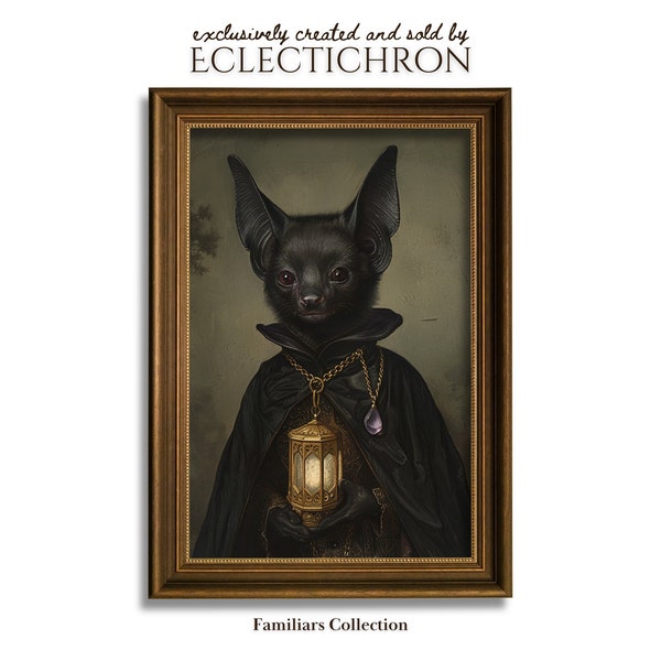 Nocturnal Gatekeeper- Wicca Art Altar Decor Vintage Wall Art Occult Pagan Symbolism Dark Academia Victorian Portrait Bat Animal Familiar