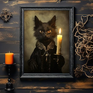 Black Cat Halloween Art Print Wicca Art Altar Decor Vintage Wall Art Occult Pagan Symbolism Dark Academia Victorian Portrait Animal Familiar