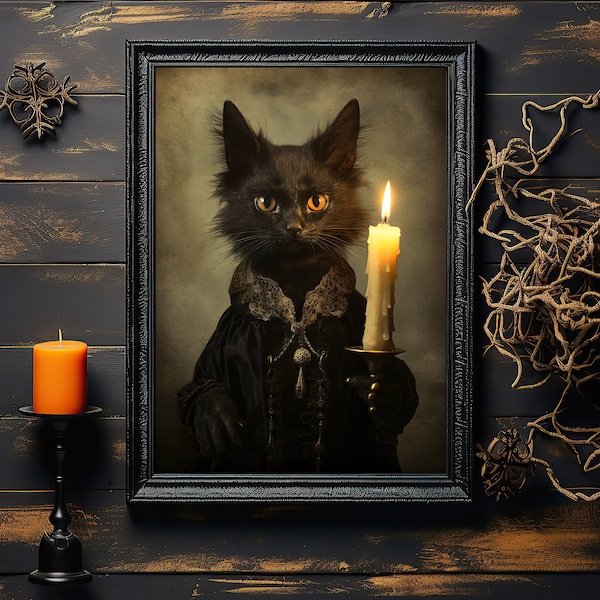 Black Cat Halloween Art Print Wicca Art Altar Decor Vintage Wall Art Occult Pagan Symbolism Dark Academia Victorian Portrait Animal Familiar