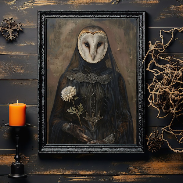 Resilience in Darkness- Wicca Art Altar Goth Decor Witchcraft Dark Academia Wall Art Occult Pagan Symbolism Victorian Owl Animal Portrait