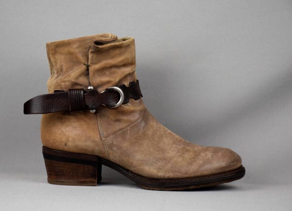 Airstep A.S.98 Designer Italian Leather Suede Heeled Anlke Boots Womens Vintage Brown Demi-Season Buckle Zip Cowboy Western US 11 UK 9 EU 42