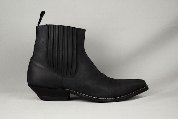 Sancho 5451 Cowboy Western Leather Nubuck Heeled Anlke Boots Unisex Men Women Vintage Black Demi-Season Shoes Pointed Toe EU 42