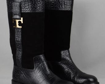Rare Tory Burch Corey Mid-Calf Boot Booties Designer Leather Suede Women's Vintage Black Shoes Size US 6 UK 4 EU 37