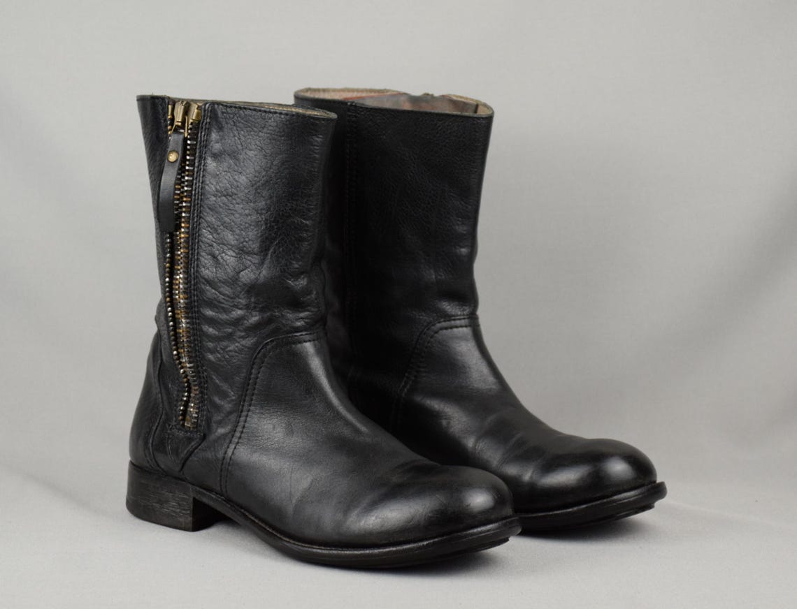 Rare MOMA Designer Italian Leather Anlke Boots Unisex Vintage Black Zipper Demi-Season Biker Men's Women's Shoes Size EU 40 US 9 Uk 7, foto 2 di 5