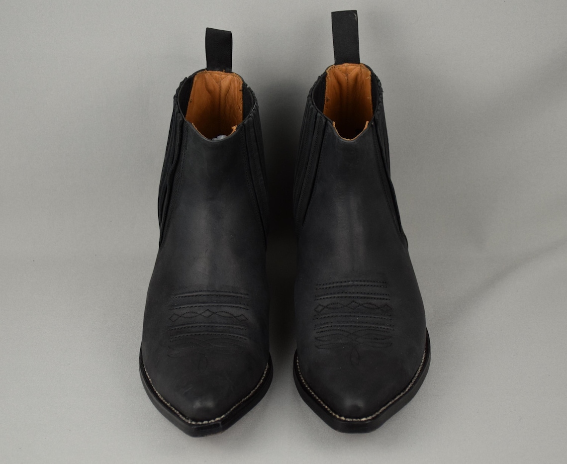 Sancho 5451 Cowboy Western Leather Nubuck Heeled Anlke Boots Unisex Men Women Vintage Black Demi-Season Shoes Pointed Toe EU 42, foto 4 di 5