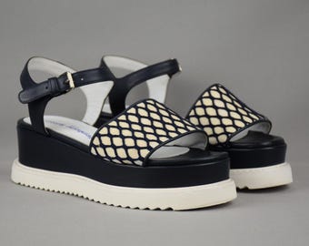 Zeldzame Stephane Kelian platform sandalen blauw leer Portugal dames vintage designer merk zomerschoenen Portugal maat US 7 UK 5 EU 38