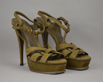 YSL Yves Saint Laurent Tribute Platform Suède Sandalen Hak Kaki Bandjes Schoenen US 8 UK 6 Eu 39