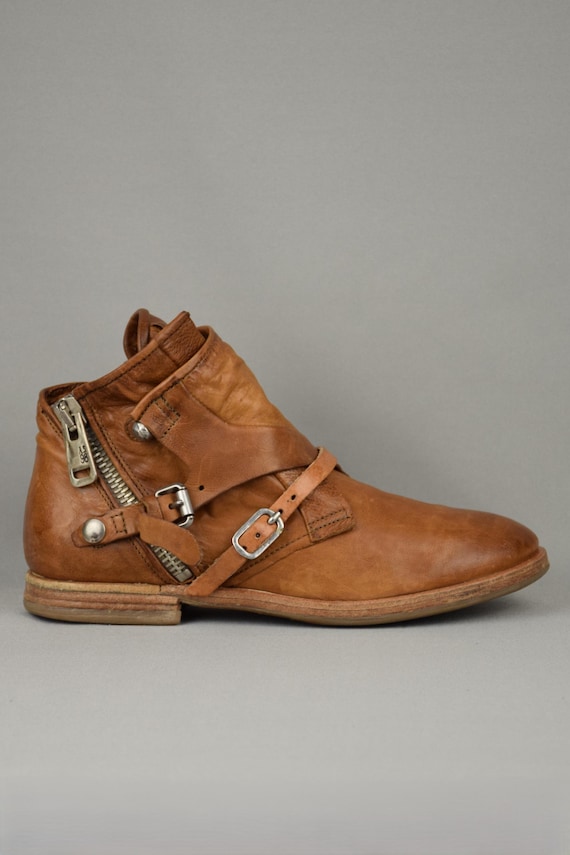 Airstep A.S.98 Designer Italian Leather Anlke Boots Women's Vintage Brown Demi-Season Biker Shoes Buckle Size US 8 UK 6 EU 39