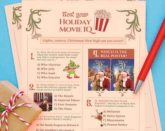 May include: A festive holiday-themed image with a blue background. It features printed quiz sheets, a red pen, a wrapped gift, and film strips. The quiz sheets have decorative borders and text that reads "Test your Holiday Movie IQ". Popcorn and Christmas decorations complete the scene.