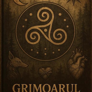 May include: A dark, textured book cover with a vintage aesthetic. It features a crescent moon, an eye symbol, and a central circular design with a triple spiral. A wolf's head, a heart, and the text "GRIMOARUL STRĂBUNELOR" are displayed in gold.