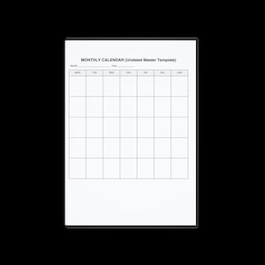 May include: A white monthly calendar template with a black border. The text "MONTHLY CALENDAR (Undated Master Template)" is at the top. The calendar grid is empty, ready for customization.