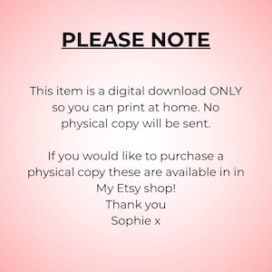May include: A digital download notice on a pink background. The text reads "PLEASE NOTE" in bold black letters. The body text explains the item is a digital download, with no physical copy sent. It directs buyers to a shop for physical copies.
