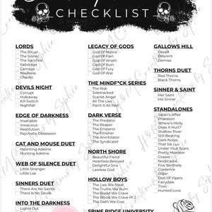 Puede incluir: Una lista de verificación en blanco y negro titulada "Dark Romance" con un gráfico de calavera y rosa. La lista incluye títulos como "Lords", "Legacy of Gods", "Devils Night" y "Edge of Darkness".