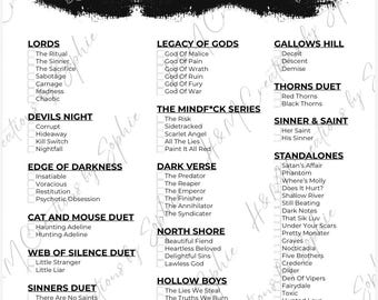 May include: A black and white checklist titled "Dark Romance" with a skull and rose graphic. The checklist includes titles such as "Lords", "Legacy of Gods", "Devils Night", and "Edge of Darkness".