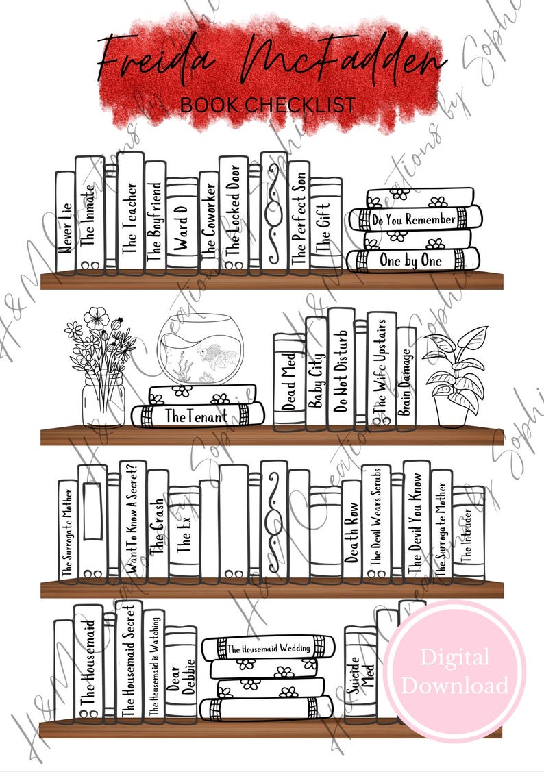 Digital Printable Freida McFadden Colour Book Checklist, Colouring Book Shelf, Track Your Books image 1