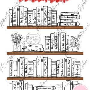 May include: A digital book checklist featuring the text Freida McFadden Book Checklist in red brush script. The image displays four wooden shelves filled with illustrated book spines, a glass fishbowl, a flower vase, and a potted plant.