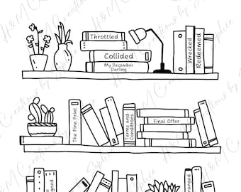 May include: A black and white illustration of a bookshelf with three shelves. The shelves are filled with books with titles like "Throttled", "Collided", "My December Darling", "The Fine Print", "Terms and Conditions", "Final Offer", "Wrecked", "Redeemed", "Love Redesigned", "Love Unwritten", and "Love Arranged". There are also potted plants on the shelves.