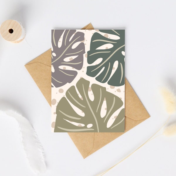 Greeting Card, Minimal Boho Stil, abstract, earthy colors, plant monstera, self printable card, print at home, Digital Download,without text