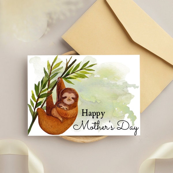 Mother's Day, Mum Love, Mama Gift, Sloth with Baby, Watercolors, Greeting Card, Digital Download, self printable card, print at home