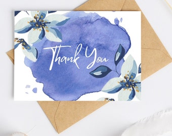 Thank you, Thank you Card, Flowers, blue, Greeting Card, Digital Download, self printable card