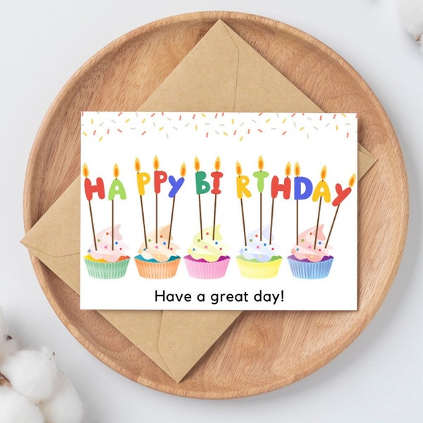 Happy Birthday, Birthday Card, Cupcake, Watercolor, Greeting Card, Digital Download, self printable card