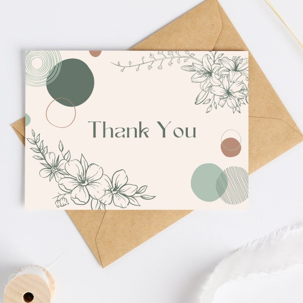 Thank you, Thank you Card, Flowers, earthy colors, geometric, Greeting Card, Digital Download, self printable card