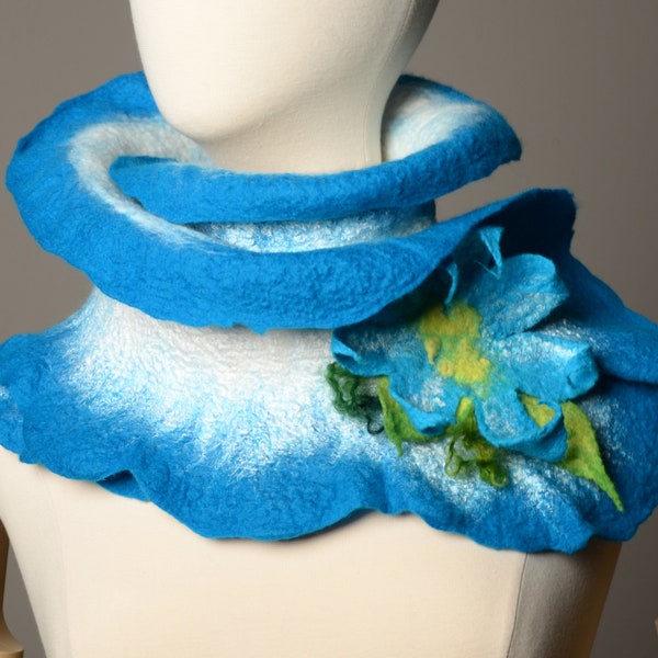 Nuno felt, cowl, neck warmer, neck piece, blue, white, versatile,felted  flower brooch